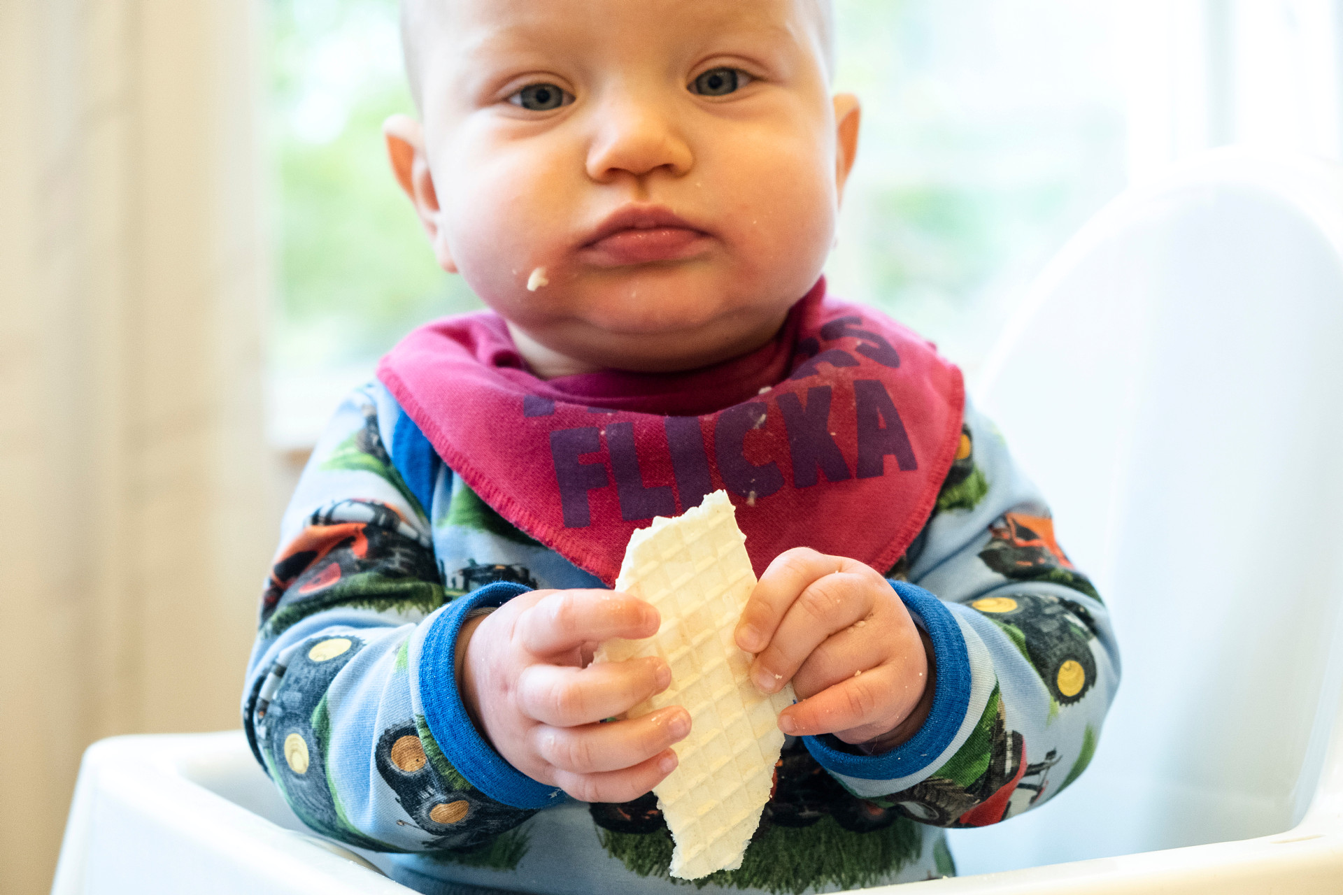 Litet barn med haklapp håller ett smörgåsrån i handen.