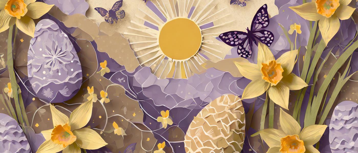 Illustration med lila fjärilar, påskägg i gula och lila nyanser, påskliljor och en strålande sol i mitten. Allt ser nästan ut att vara gjort av papper i olika lager.