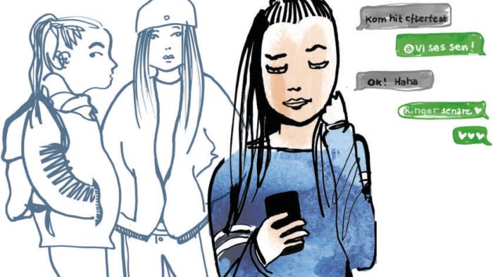 Illustration av en ung tjej som skriver sms med någon samtidigt som två ungdomar står i bakgrunden och tittar på henne.