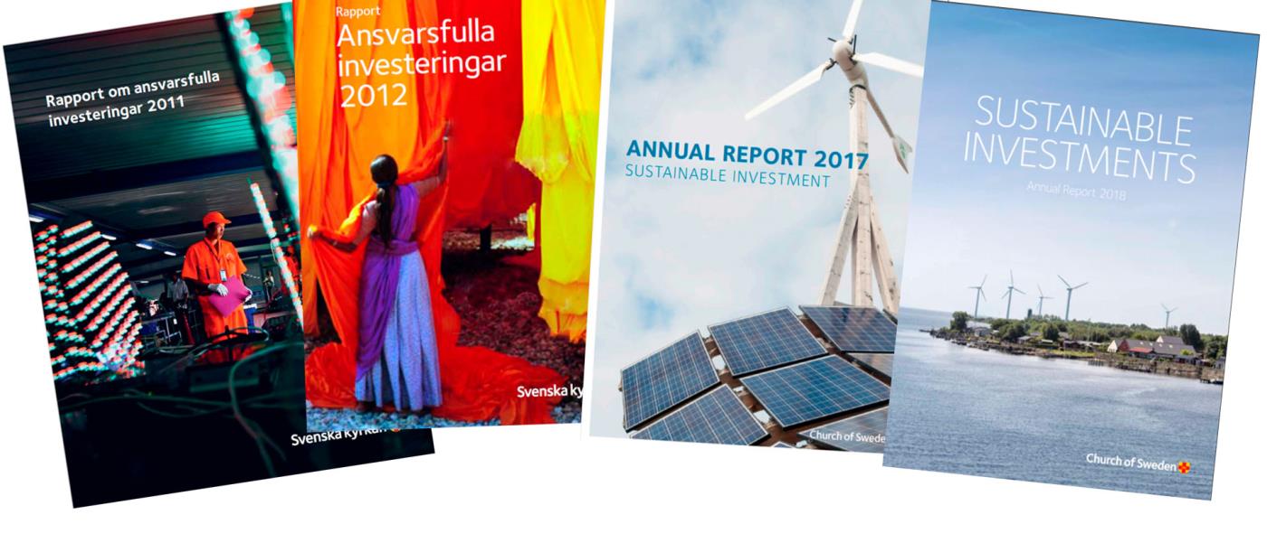 Four copies of annual reports about sustainable investments.