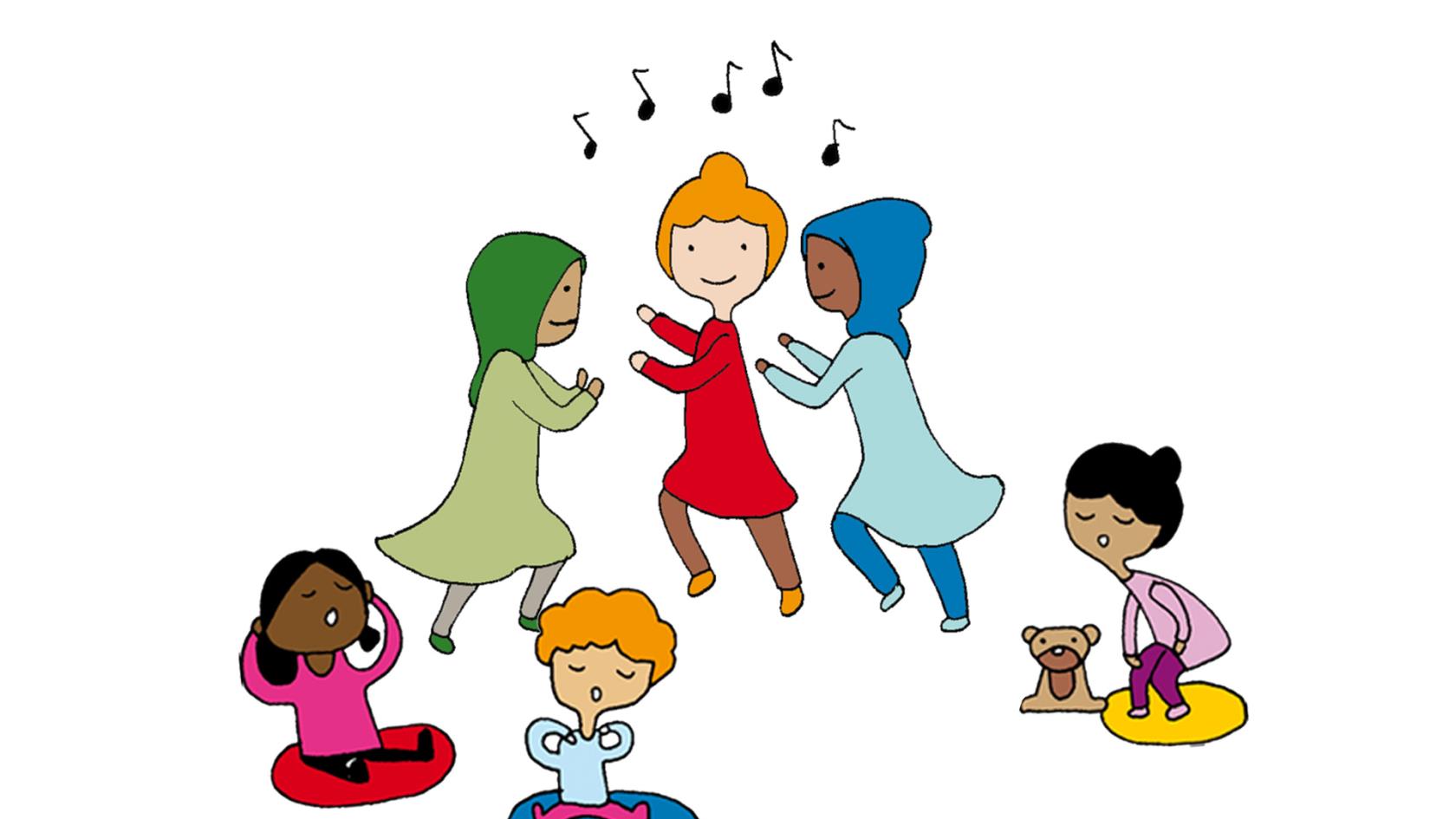 Barn som sjunger och dansar. Illustration.