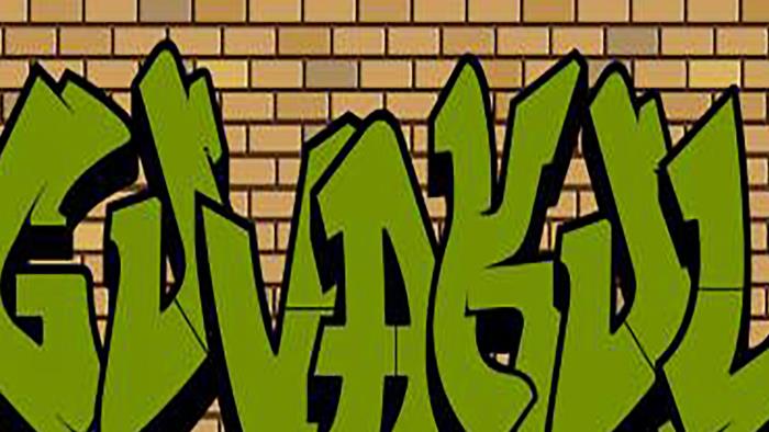 Tecknad illustration. På en tegelvägg står det Gu va kul, i graffiti-stil.
