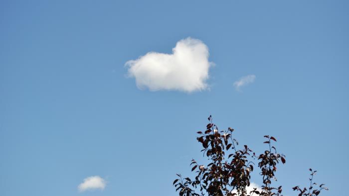 Ett moln har formen av ett hjärta på den blå himlen.