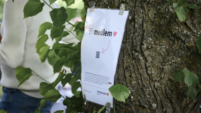 Ett papper med texten Bli medlem och en pil till en QR-kod sitter fasttejpat på ett träd.
