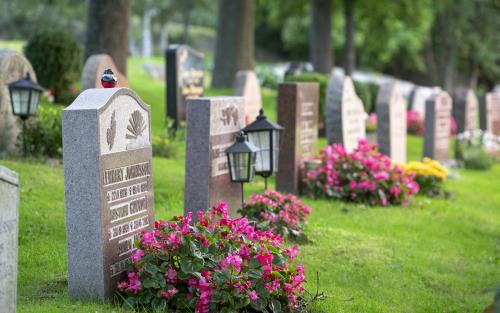 Gravar dekorerade med färggranna blommor på en kyrkogård.