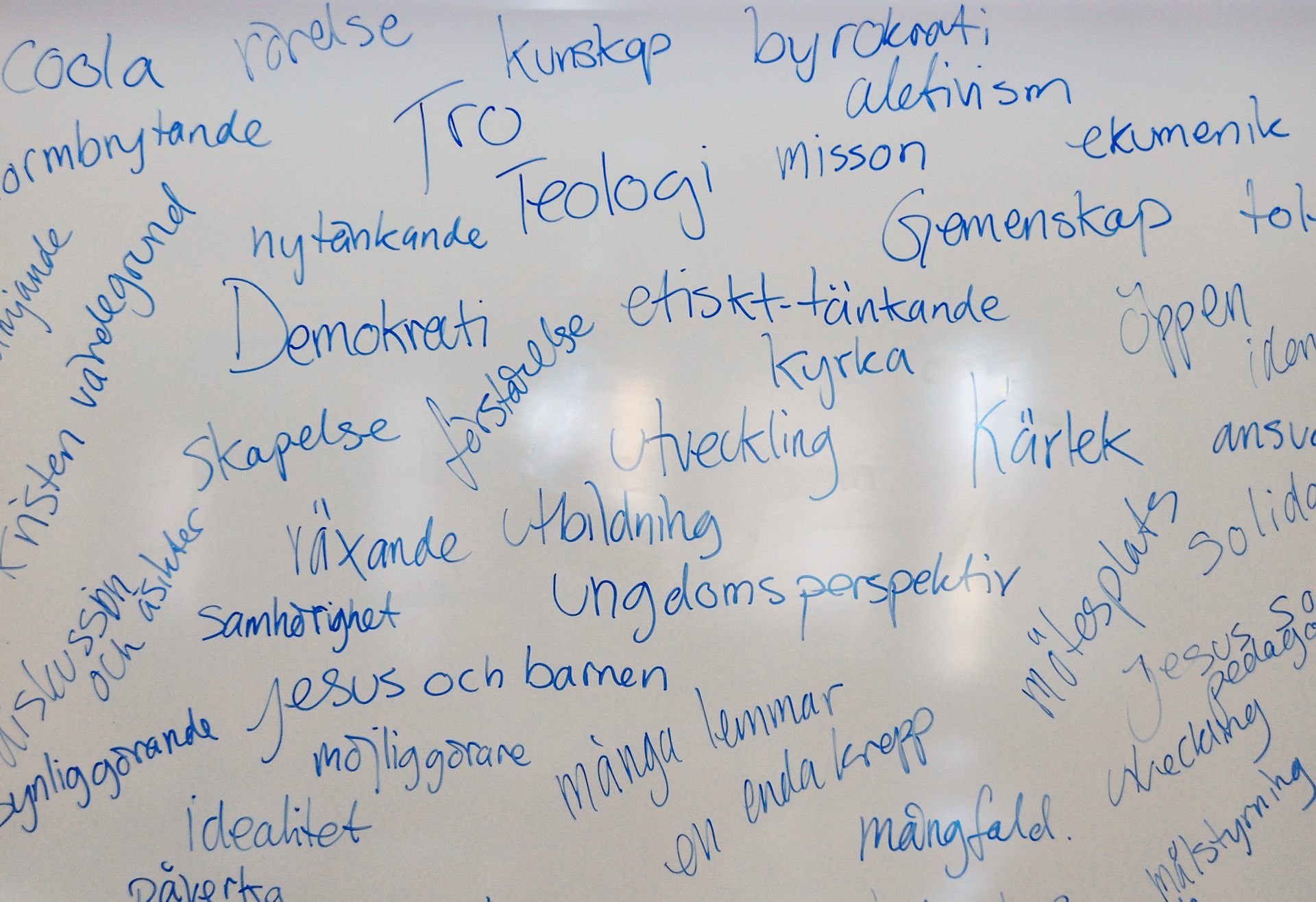 En whiteboard med ord skrivna huller om buller