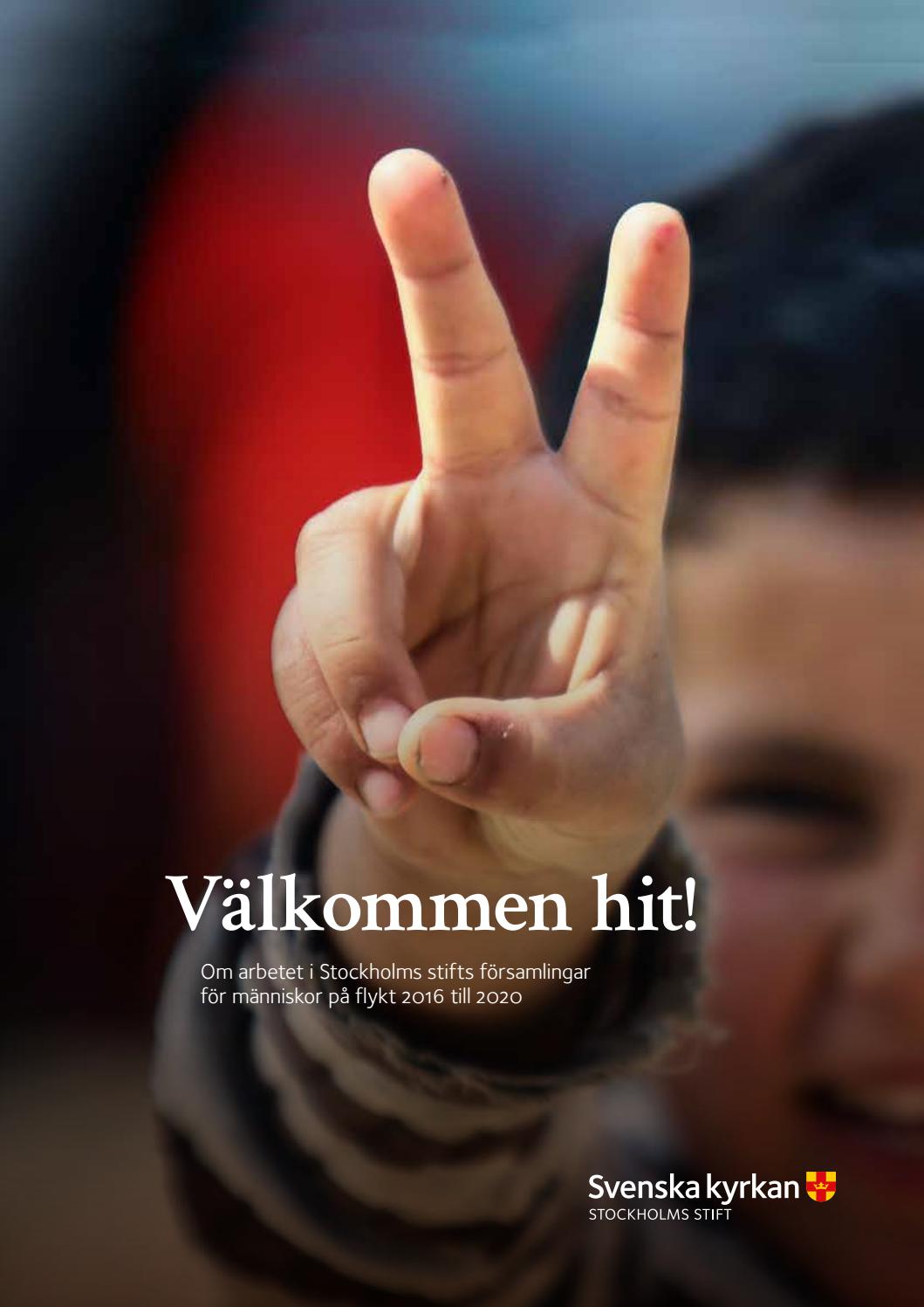 Framsida till tidskriften Välkommen hit! På bilden syns en pojken som visar fredstecknet med fingrarna.
