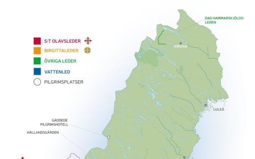 Sverigekarta med utritade pilgrimsleder.