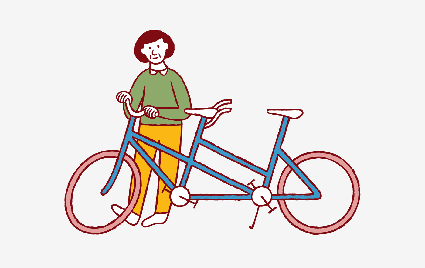 Animation av en person som står och håller i en tandemcykel.