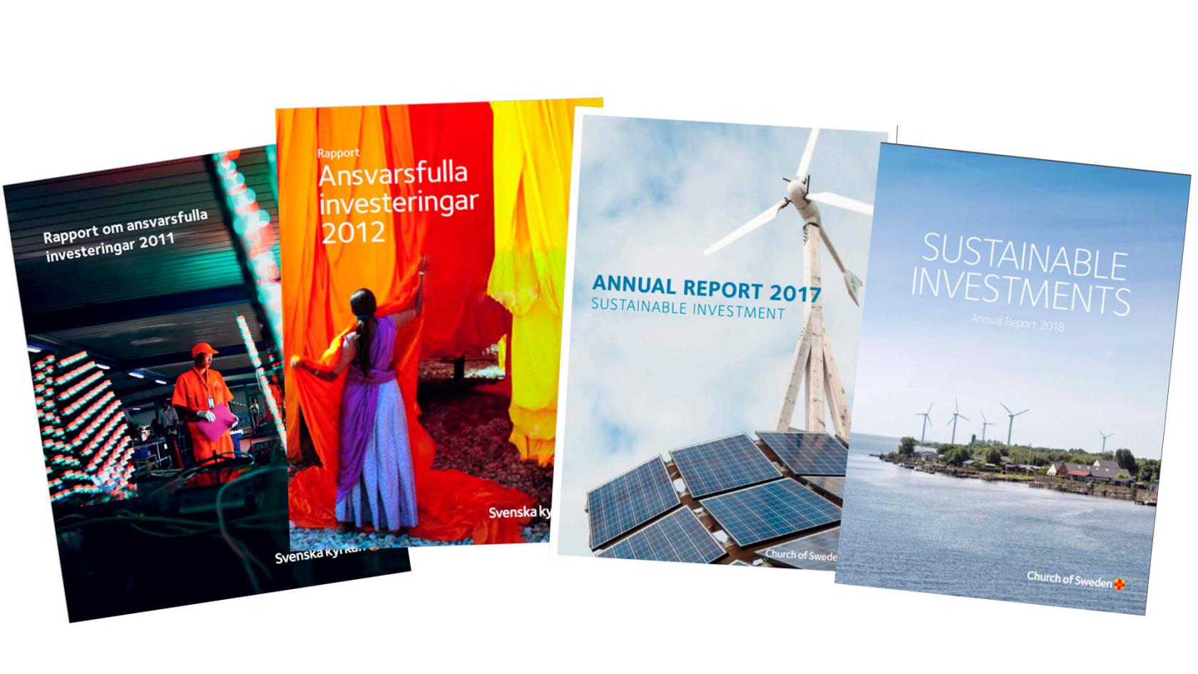 Four copies of annual reports about sustainable investments.