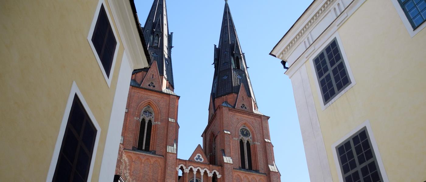 Uppsala Domkyrka sticker upp mellan två husväggar.