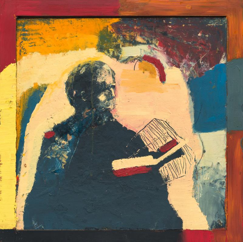 En målad tavla med en man som håller en bok.