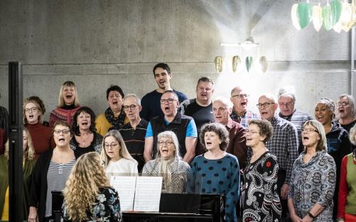 En kär med män och kvinnor i blandade åldrar sjunger inne i en kyrka. 
