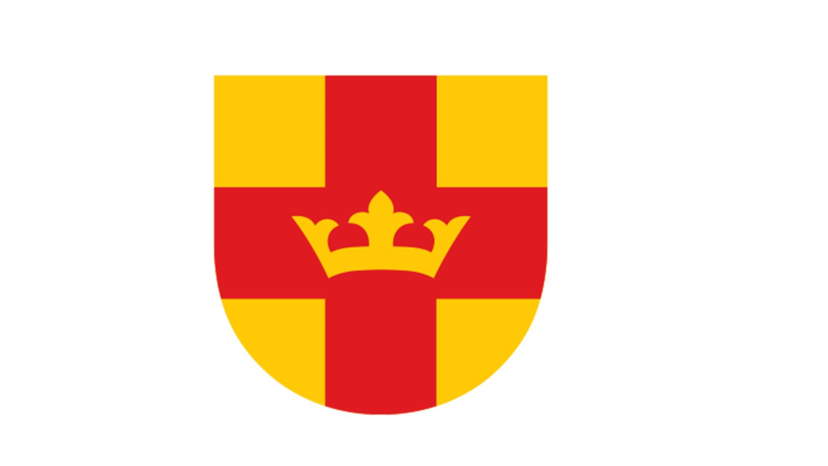 Svenska kyrkans vapensköld i rött och gult med en krona.
