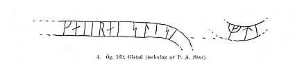 P A Säves teckning av inskriften, hämtad ur Östergötlands runinskrifter (Brate 1911-1918), Plansch LVI, bild 4.