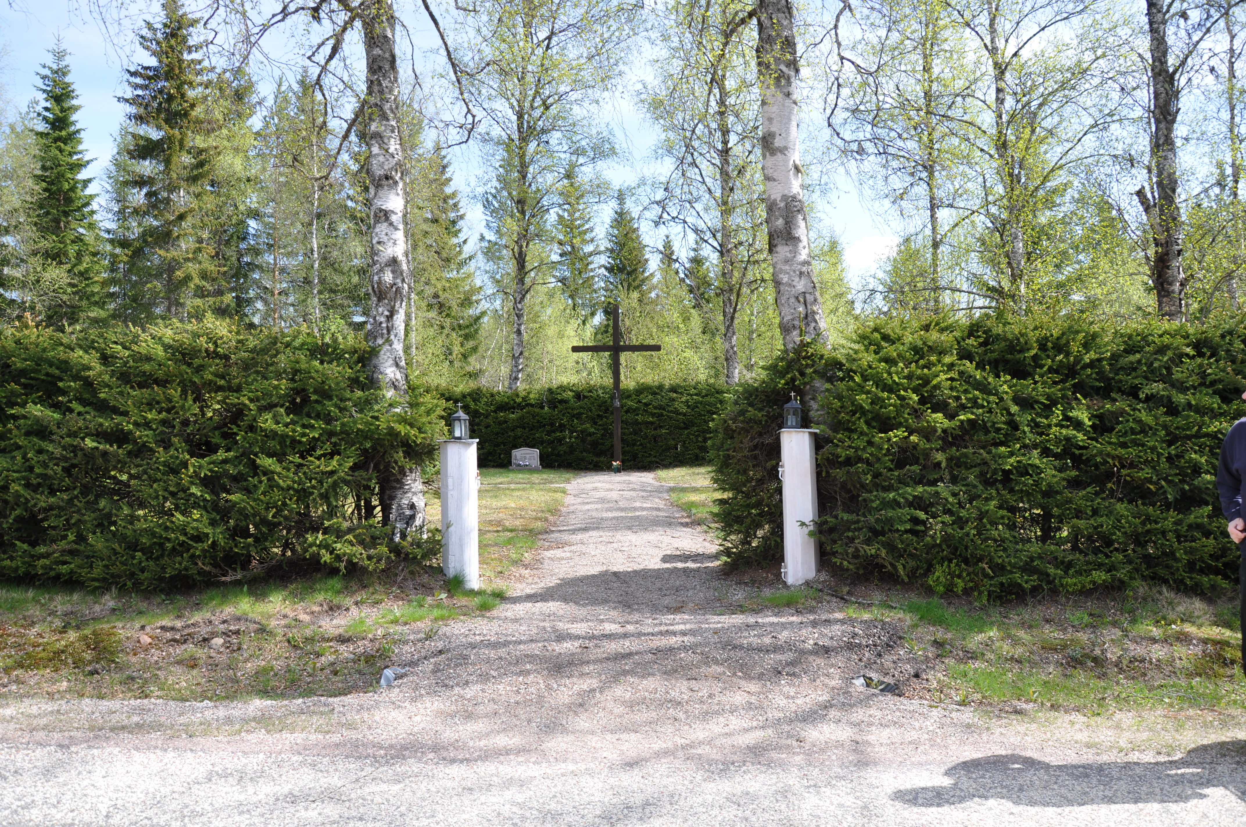 Begravningsplatsen i Sandsjö omges av en tät granhäck. 