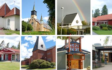 Partille kyrka, Jonsereds kyrka, Furulundskyrkan, Öjersjökyrkan, Kåsjögården, Sävedalens kyrka, Ansgarskyrkan och Partille församlingshem.