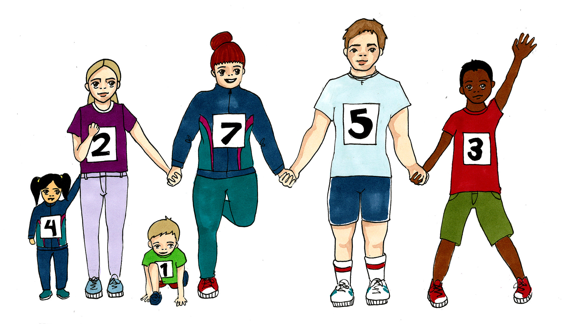 Illustration av några barn och ungdomar som håller varandra i handen, en står på knä i startposition och en stretchar.