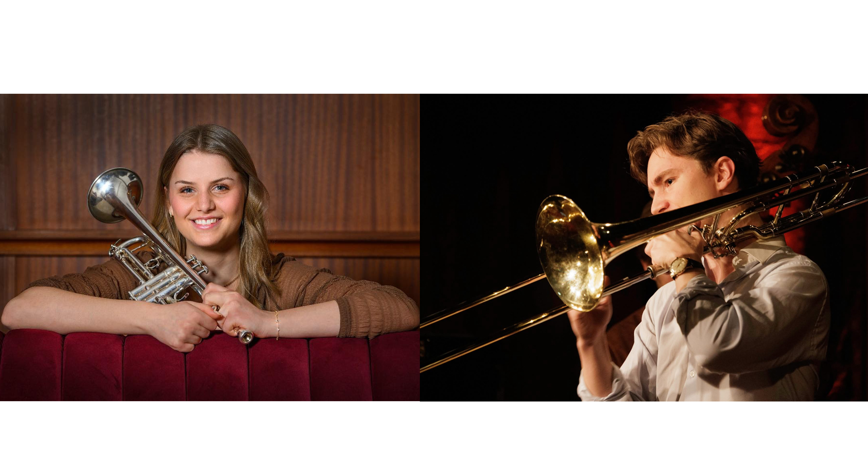 en ung kvinna med en trumpet i handen ovh en ung man spelar trumbon
