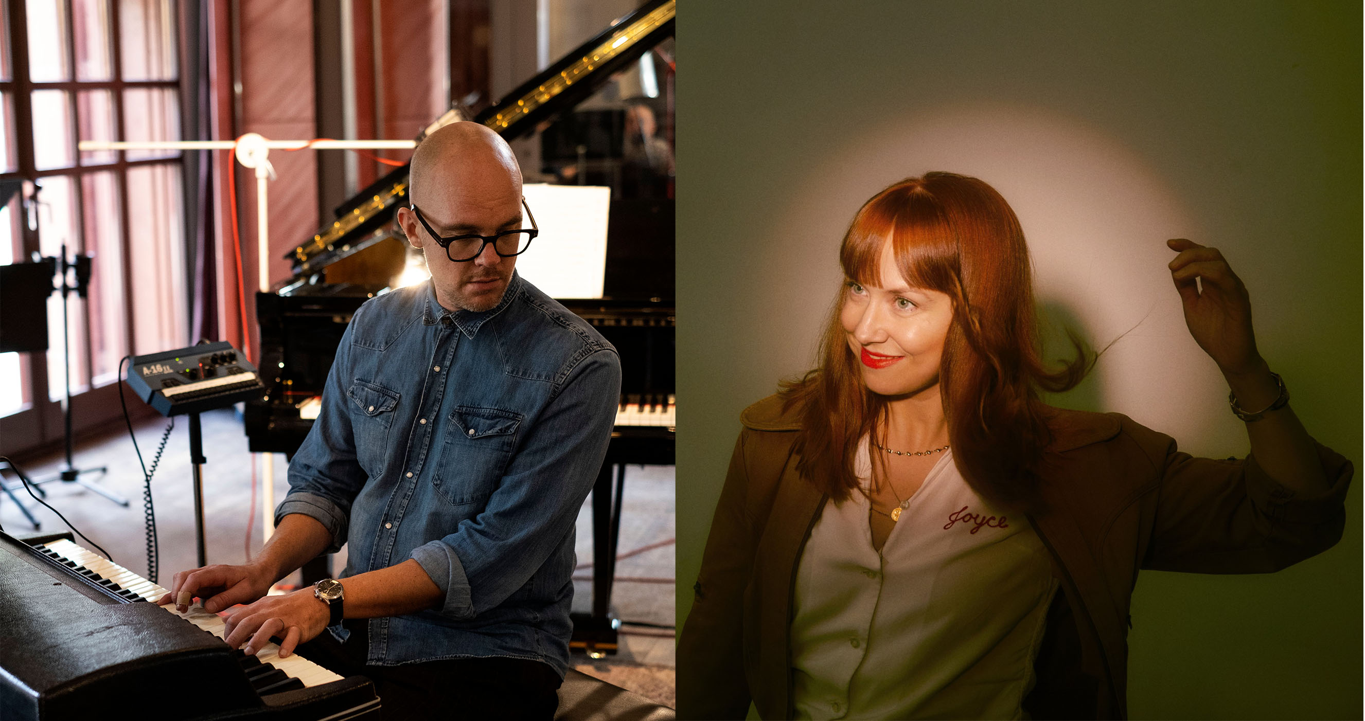 man som sitter vid piano och en kvinna som har en ljuskälla som belyser hennes ansikte ansikte