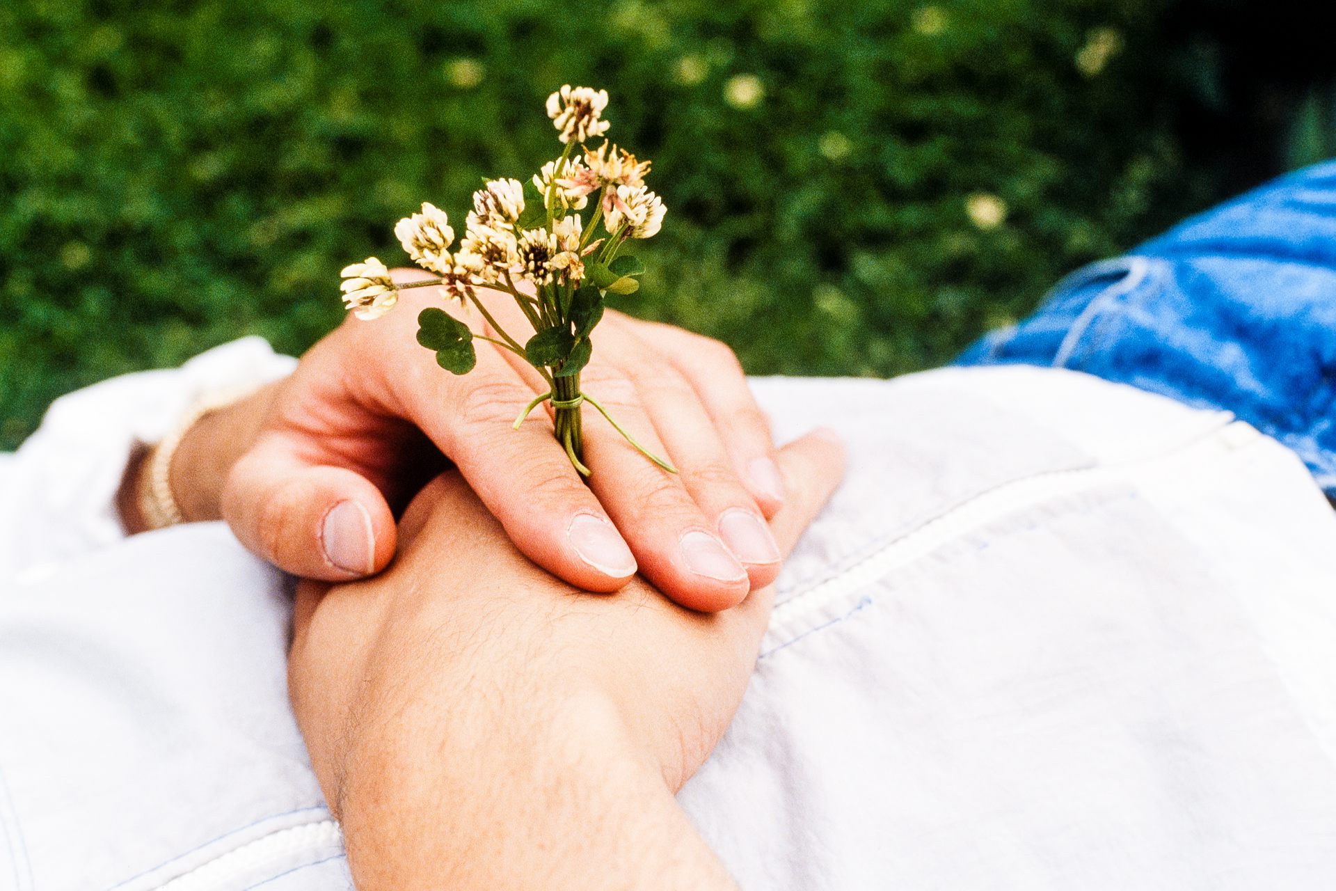 Någon ligger på rygg i gräset. På bilden syns personens händer som vilar korslagda på personens mage. Mellan långfinger och tumme håller personen en lite bukett vitklöver.