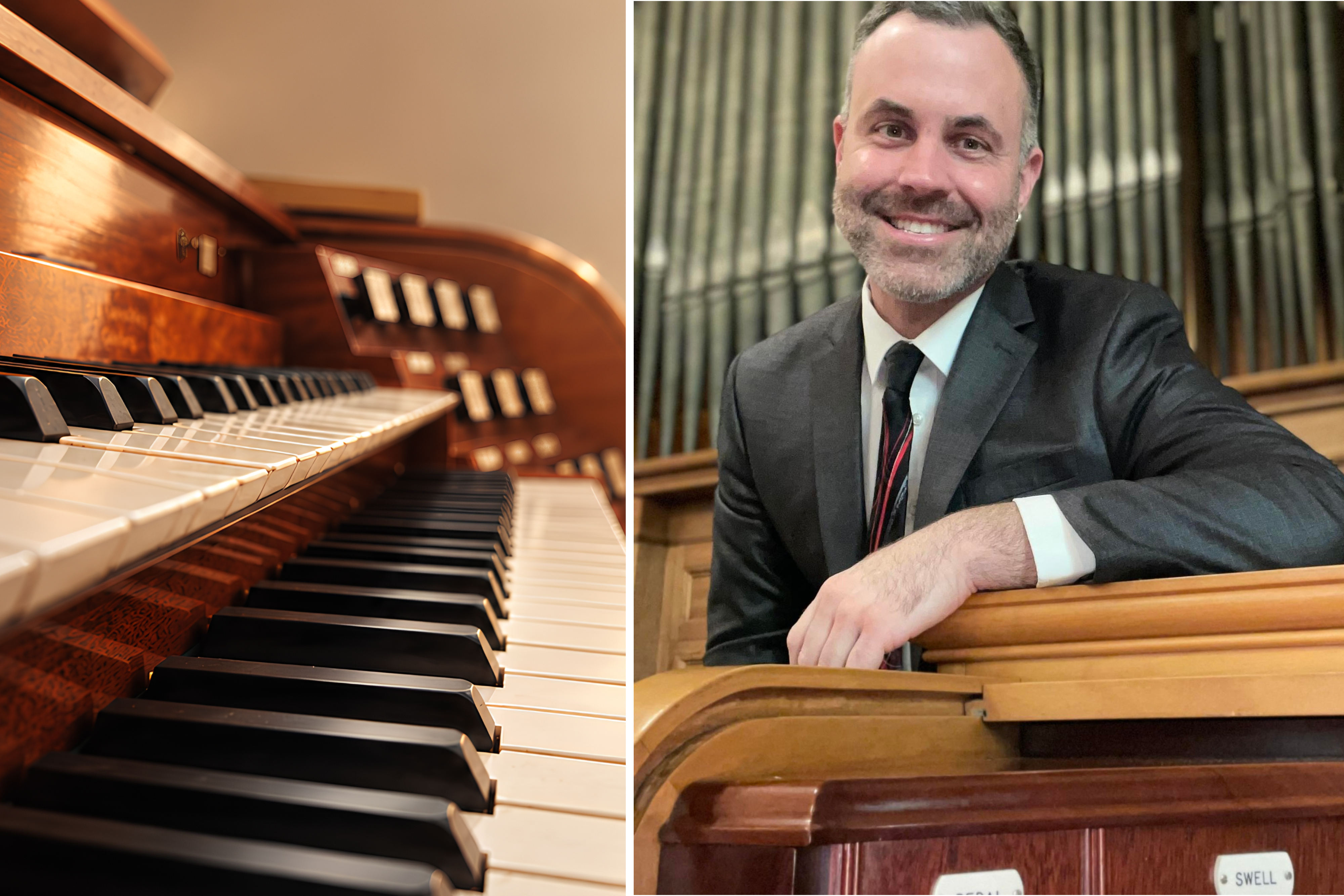 Delad bild. Den ena sidan föreställer en orgel och den andra en bild på en avslappnad Nicholas.