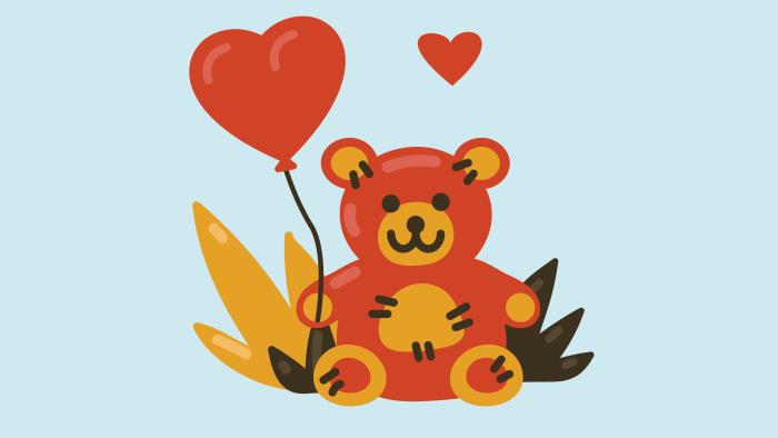 Nalle som håller i en hjärtformad ballong.