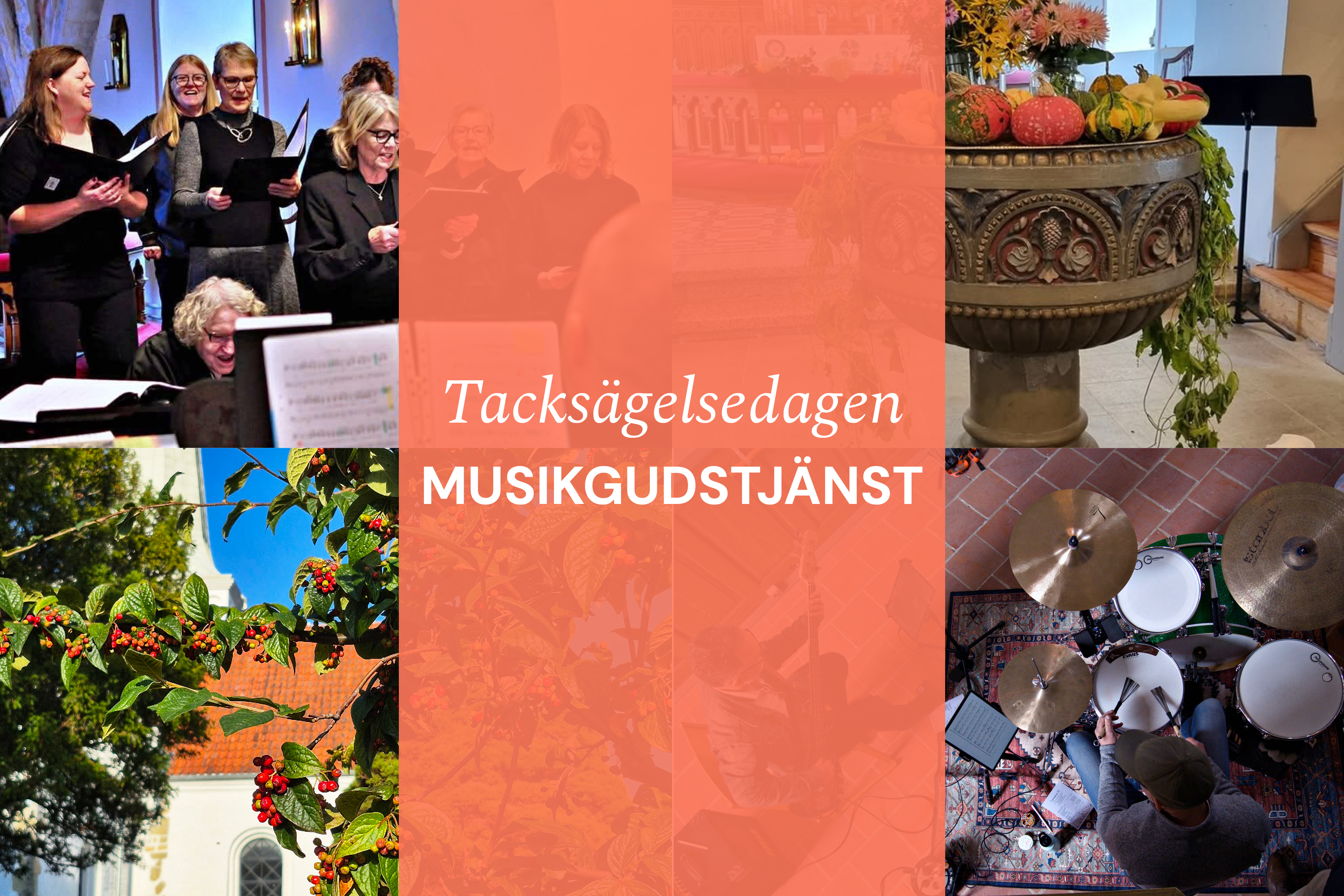 En fyrdelad bild med foto på en kör, någon som spelar trummor och en smyckad kyrka.