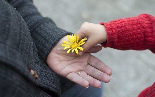 Kvinna tar emot en blomma i sin hand från ett barn