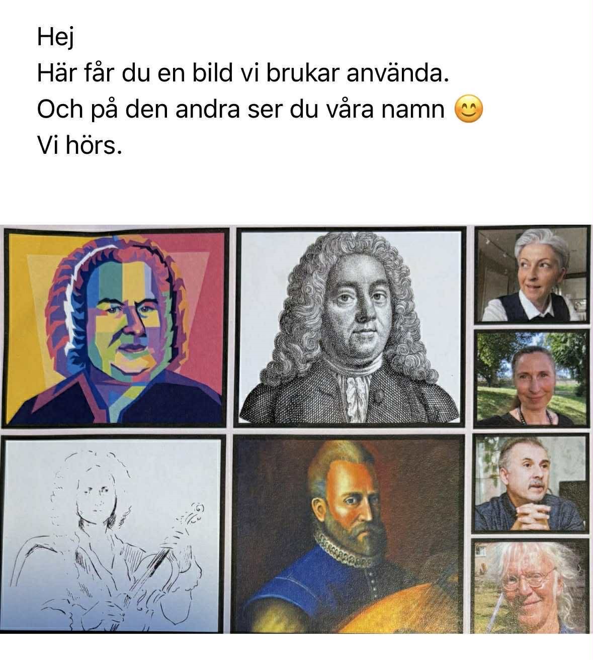 Kollage av bilder på Bach, Händel med flera kompositörer samt fyra porträttfoton.