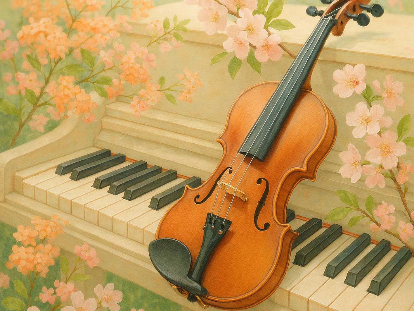 Bilden föreställer en fiol mot bakgrund av ett piano.