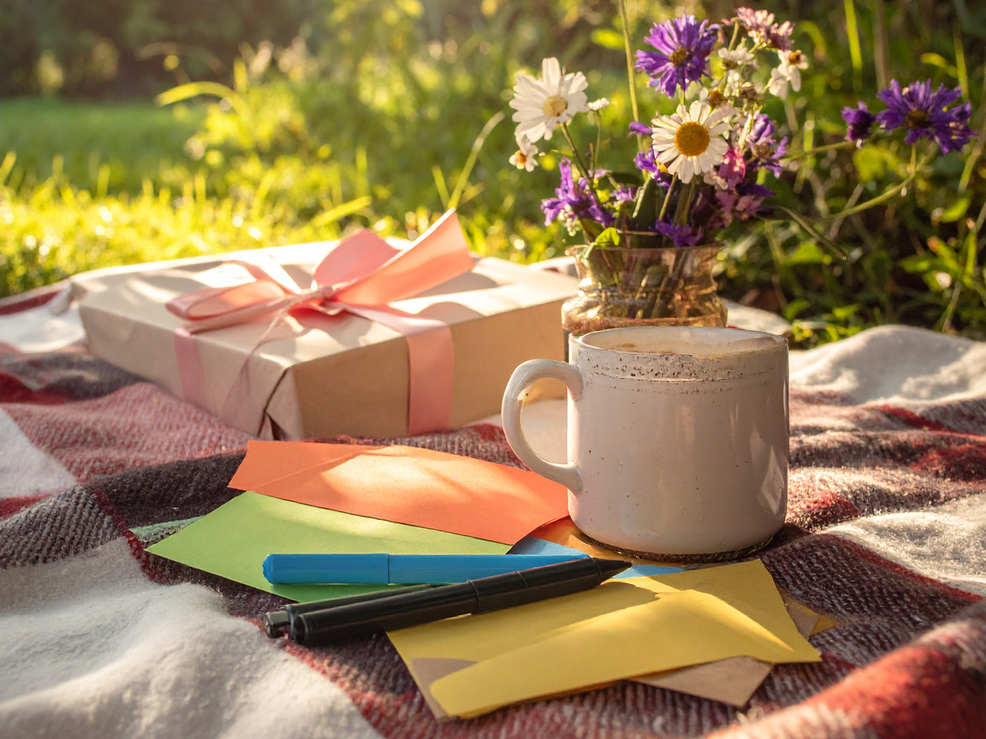 En kaffekopp, b ukett sommarblommor och pennor och papper på en picnicfilt.