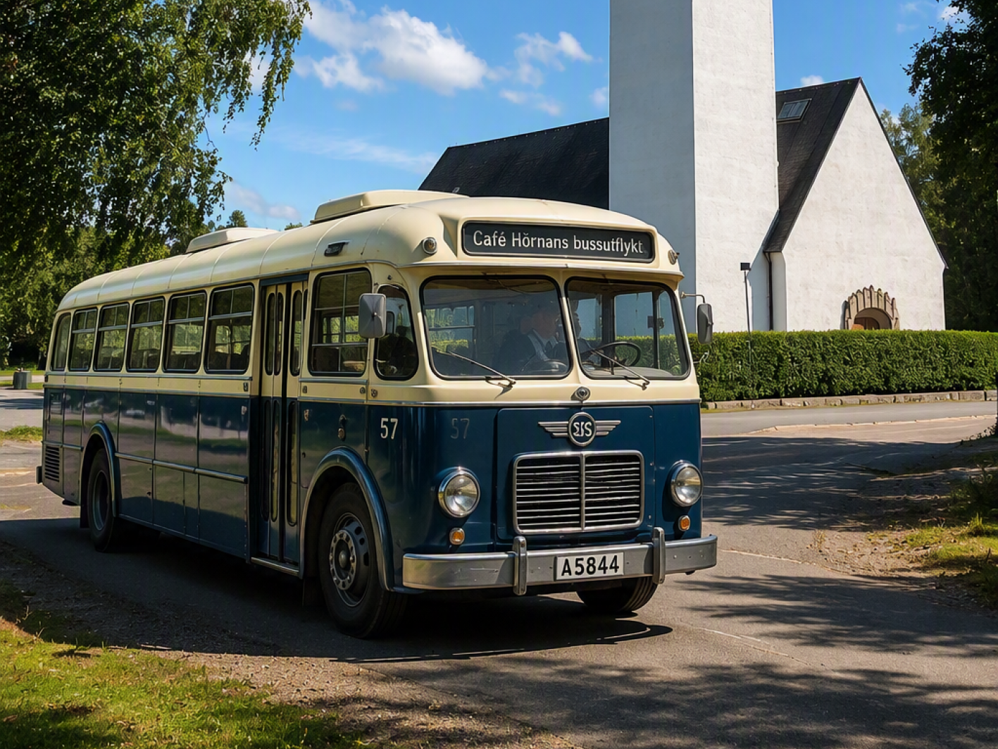 En buss som står utanför Johanneskyrkan i Vännäs, skapad med ai.