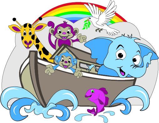 Tecknad bild på djur i en ark med duva och regnbåge