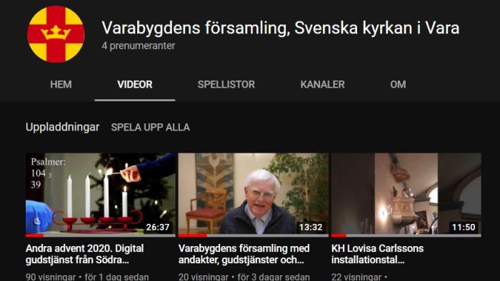 Skärmbild Varabygdens församling på Youtube.