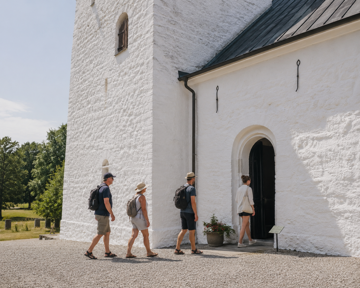 Turister som går in i en kyrkport i en gammal vit stenkyrka