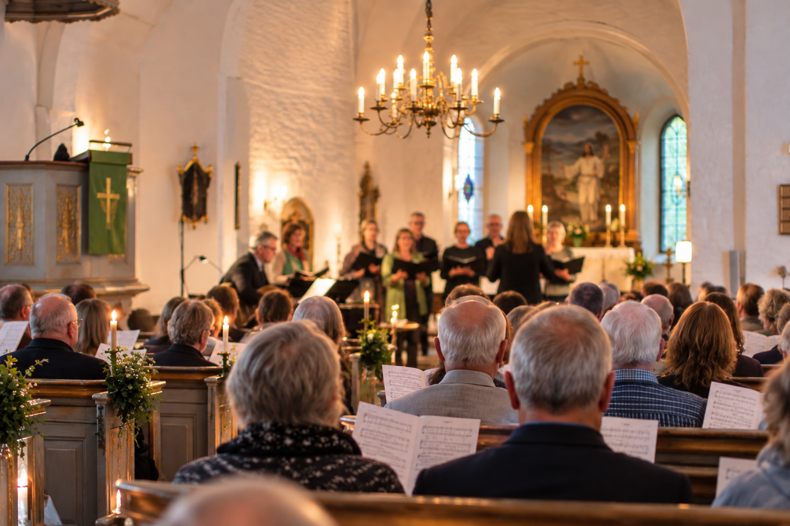 Bild på en medeltida kyrka inifrån med besökare och kör