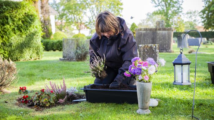 En kyrkvaktmästare (kvinna)planterar på en kyrkogård