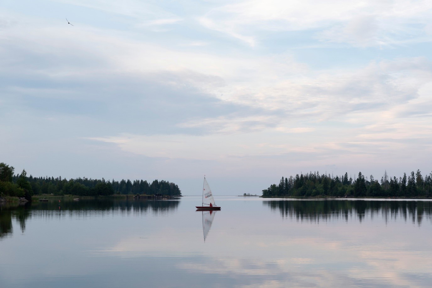 Blank sjö med en liten segelbåt.