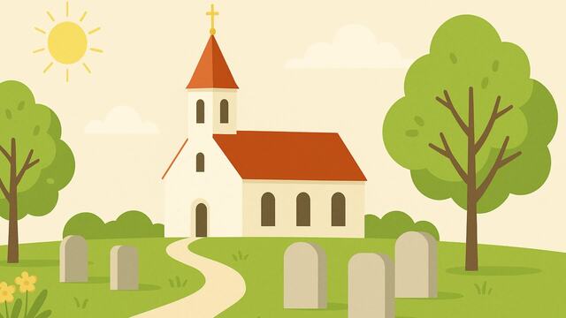 tecknad kyrka och kyrkogård.