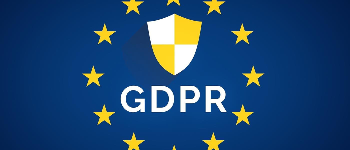 En gul och vit sköld med texten GDPR omringad med gula stjärnor på en blå bakgrund