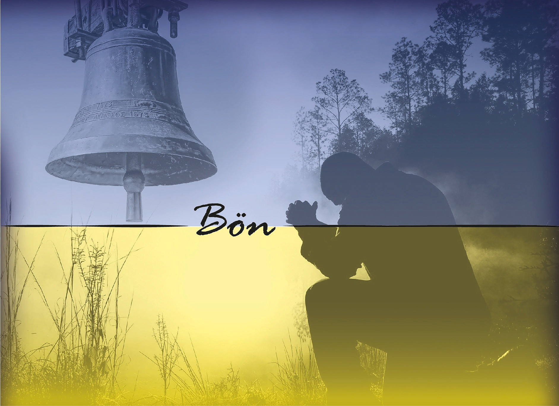 fotomontage, människa som ber och kyrkklocka i gult och blått