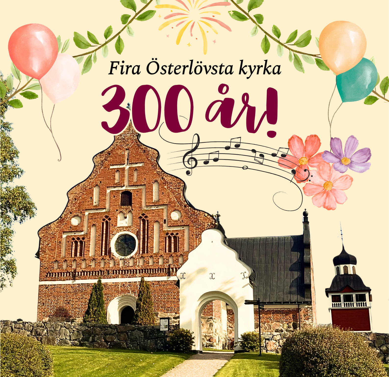 Bild på Österlövsta kyrka omringad av ballonger, musik och blommor