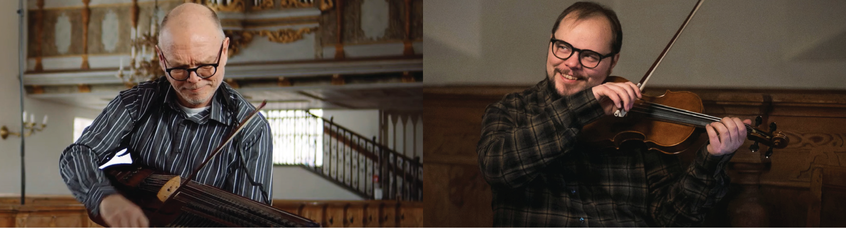 Torbjörn Näsbom på nyckelharpa och Lukas Arvidsson på fiol.