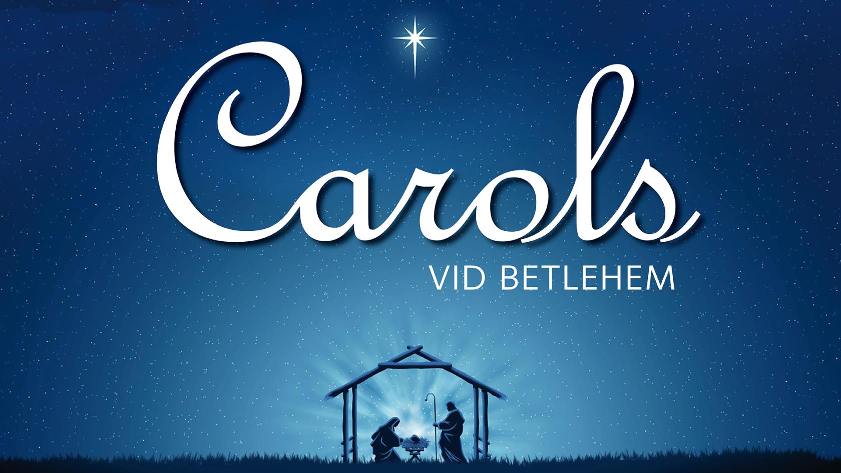 Carols vid Betlehem, blå bakgrund, stall och stjärna.