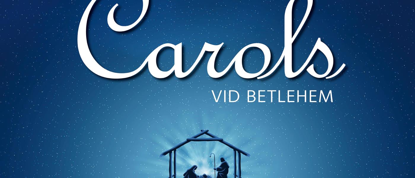 Carols vid Betlehem, blå bakgrund, stall och stjärna.