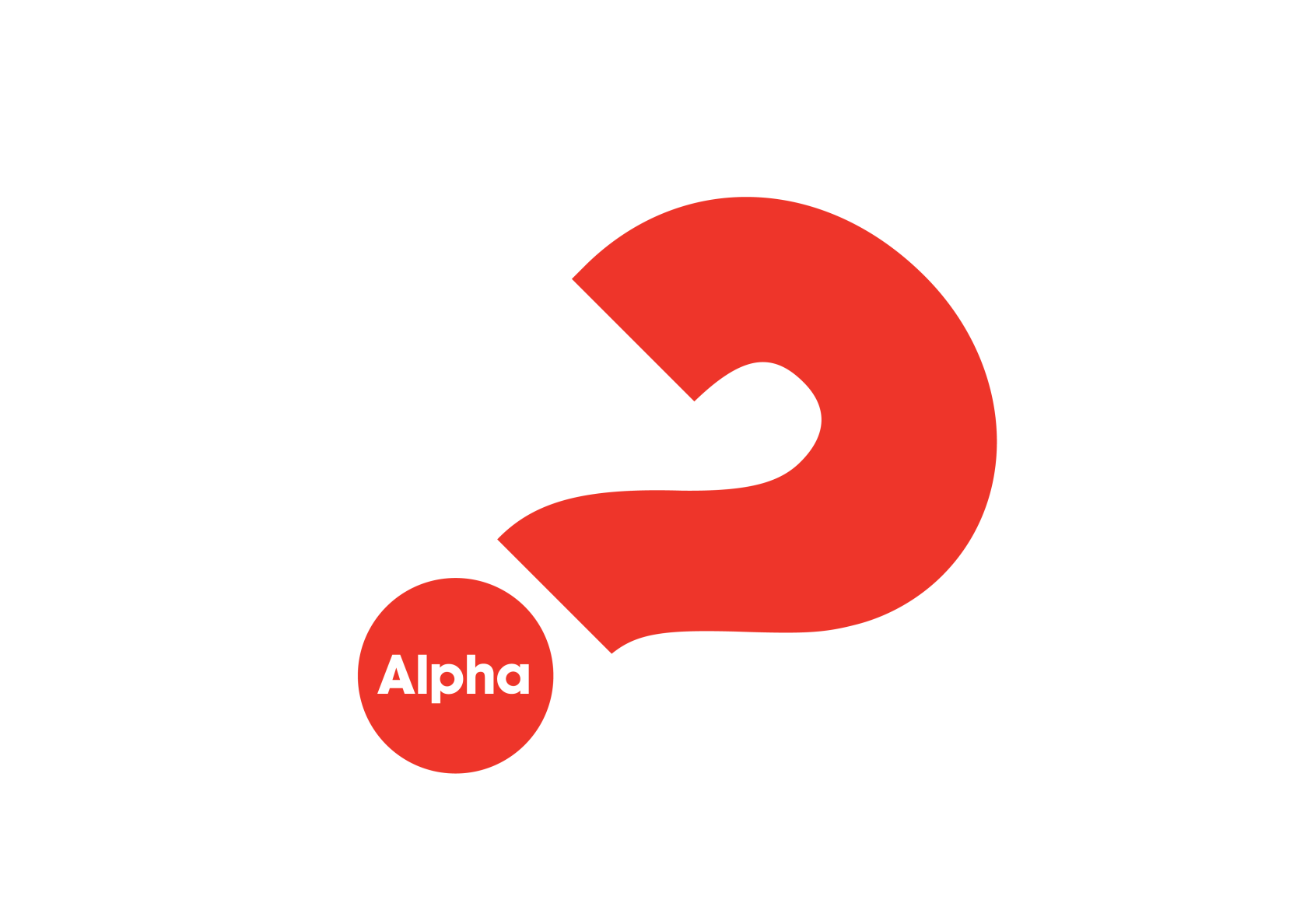 Bilden föreställer Alphas logotype - ett rött lutande frågetecken