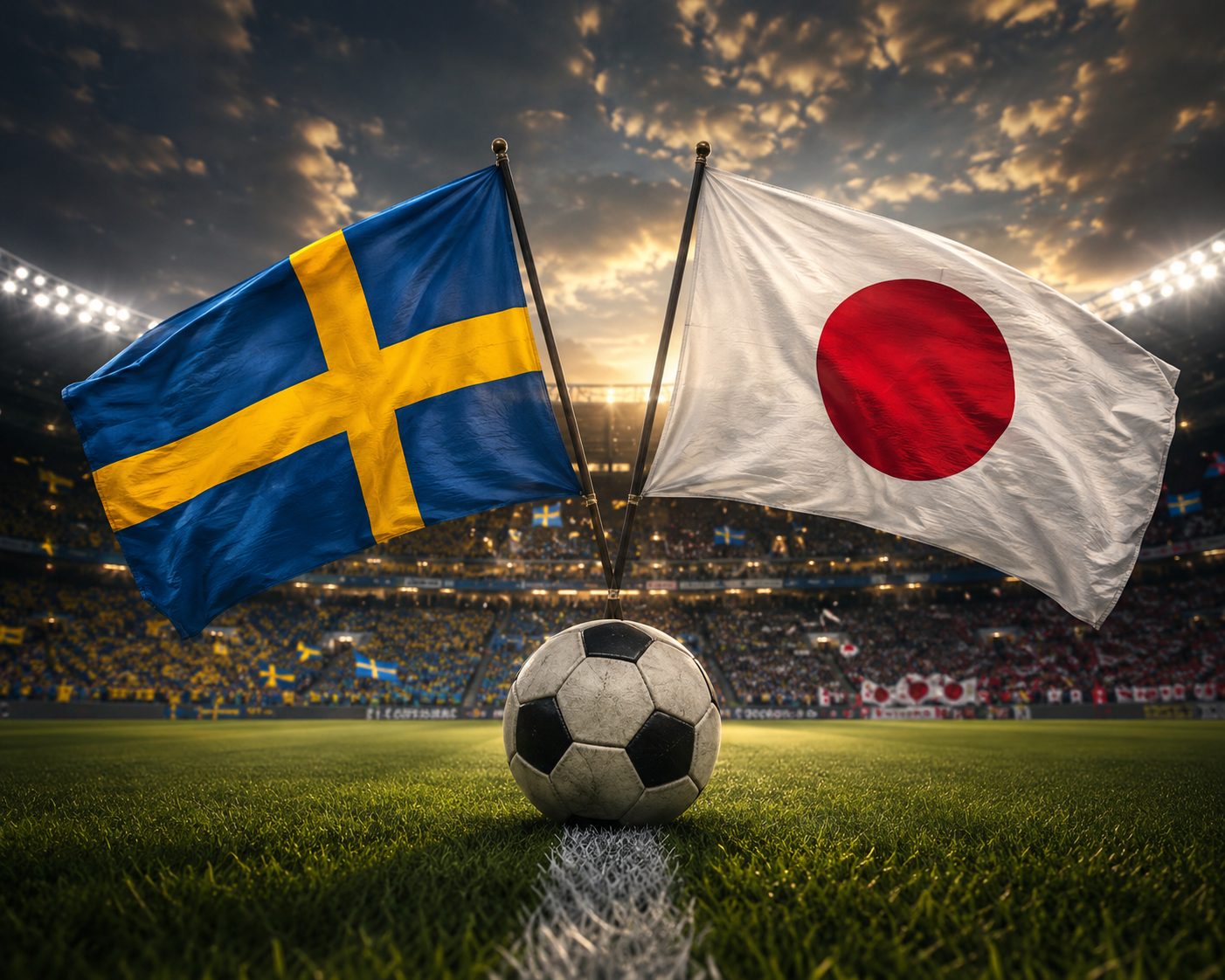 två flaggor, sverige och japan och en fotboll