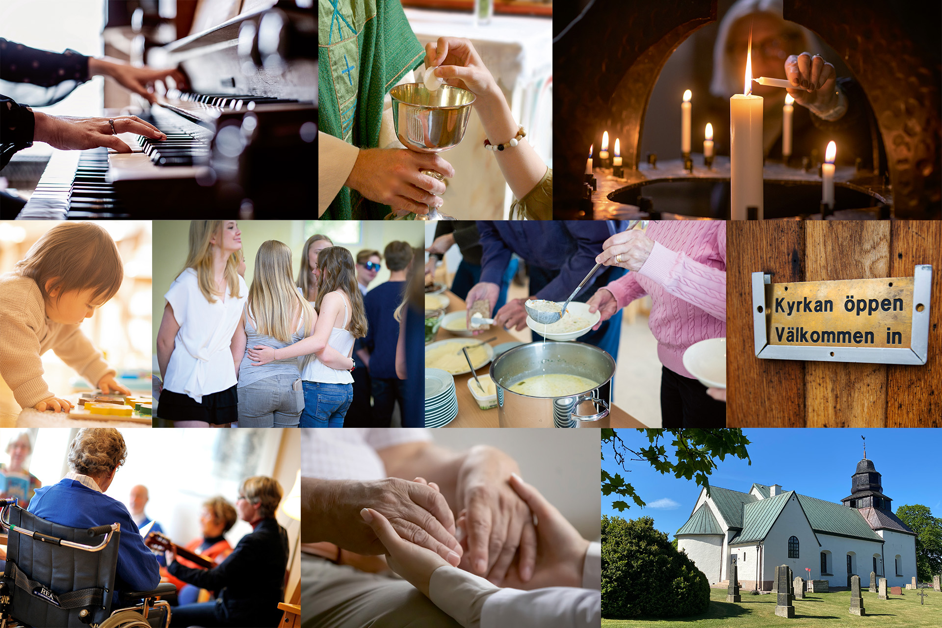Bildkollage som visar kyrkans breda verksamhet.