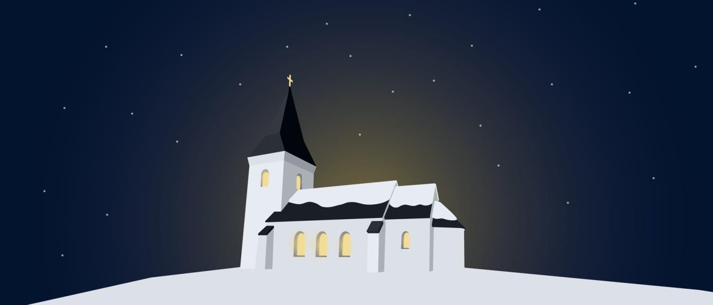 Vit kyrka som lyser i vintermörkret. Illustration.